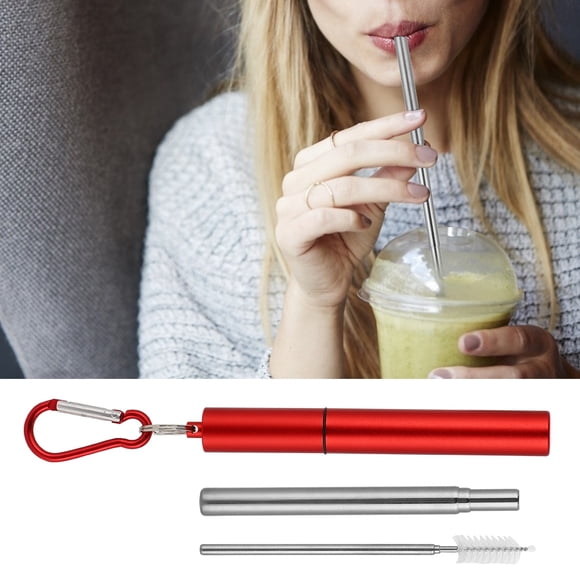 Household Durable Retractable Straw, Straw, For Drinking Restaurant Home Use Traveling Gold Aluminum Case + Straw + Brush + Carabiner,Red Aluminum Case + Straw + Brush + Carabiner