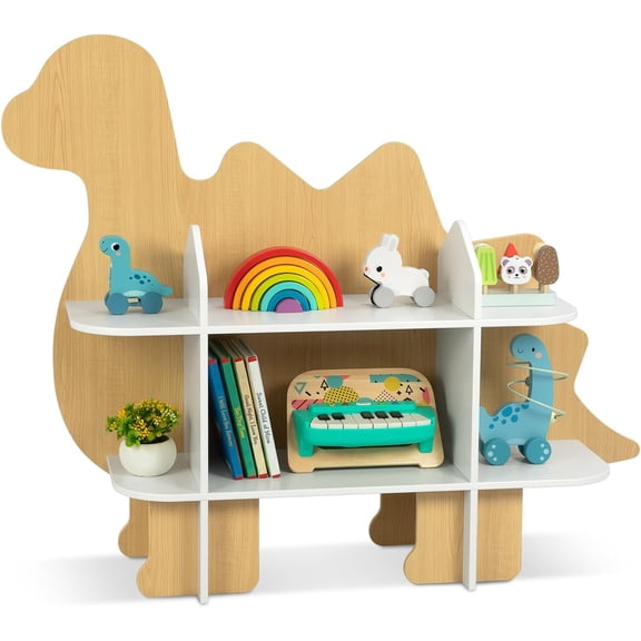 OOOK Children Dinosaur Bookshelf, 2-Tier Toddler Bookshelf, Dino Kids Bookcase and Toy Storage Organizer, Montessori Toy Shelf for Kids Room, Playroom, Nursery and Kindergarten
