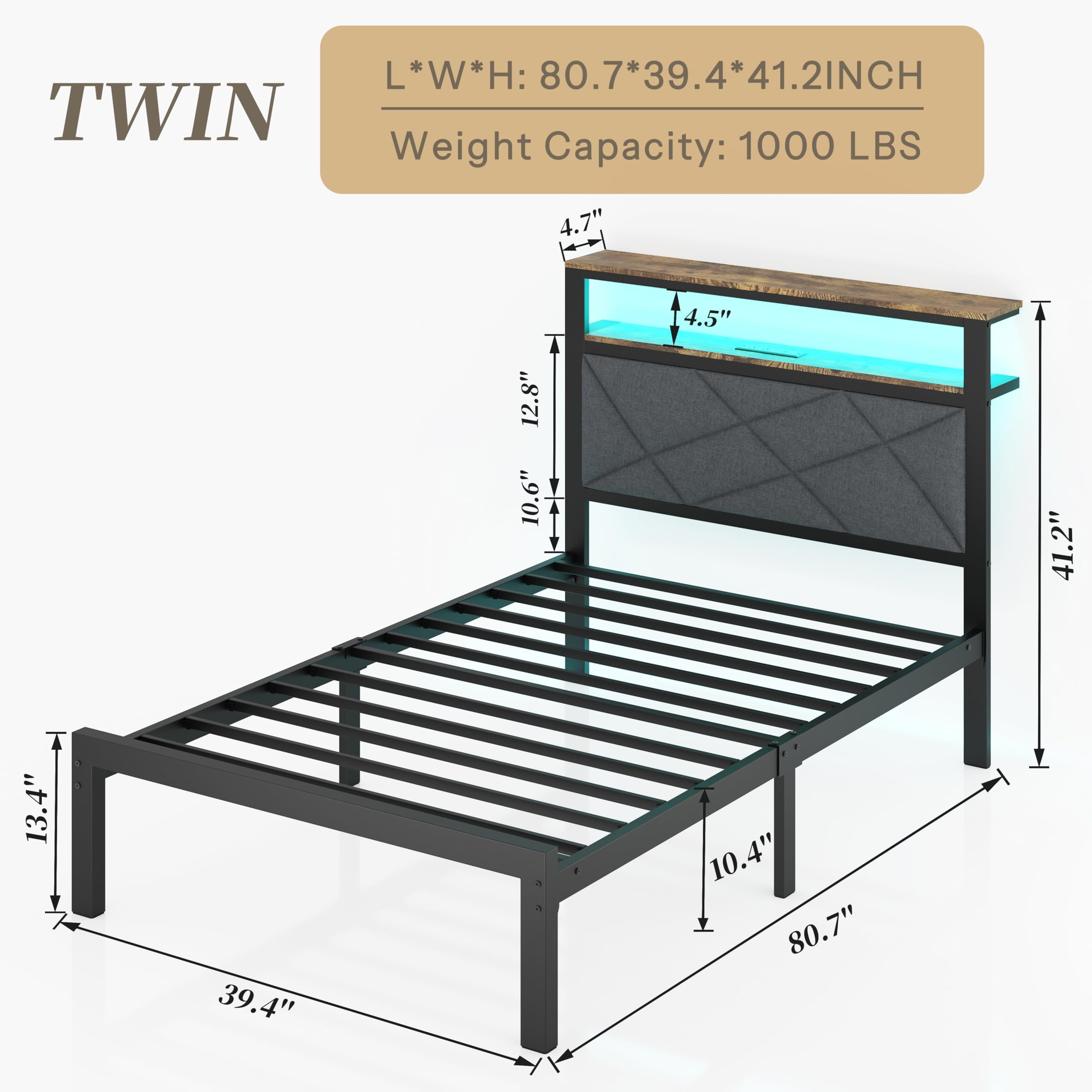 ChicZhiNest Twin Size Bed Frame with Storage Headboard and LED Light, Metal Platform Bed with Charging Station, Dark Gray