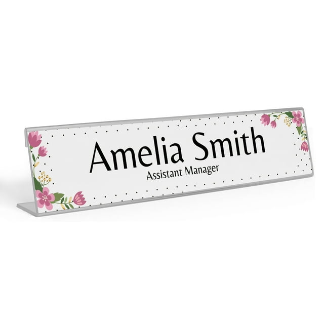 Printtoo Personalized Desk Name Plate Pretty Hand Painted Flower Custom Acrylic Office Desk Name Plate Accessory 2x8 Inches