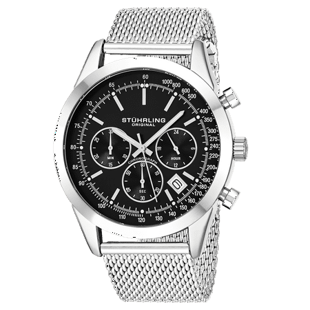 - 3975.1 Men's Quartz Chronograph Date Watch, Silver Tone Alloy Case, Black Dial, Stainless Steel Mesh Bracelet