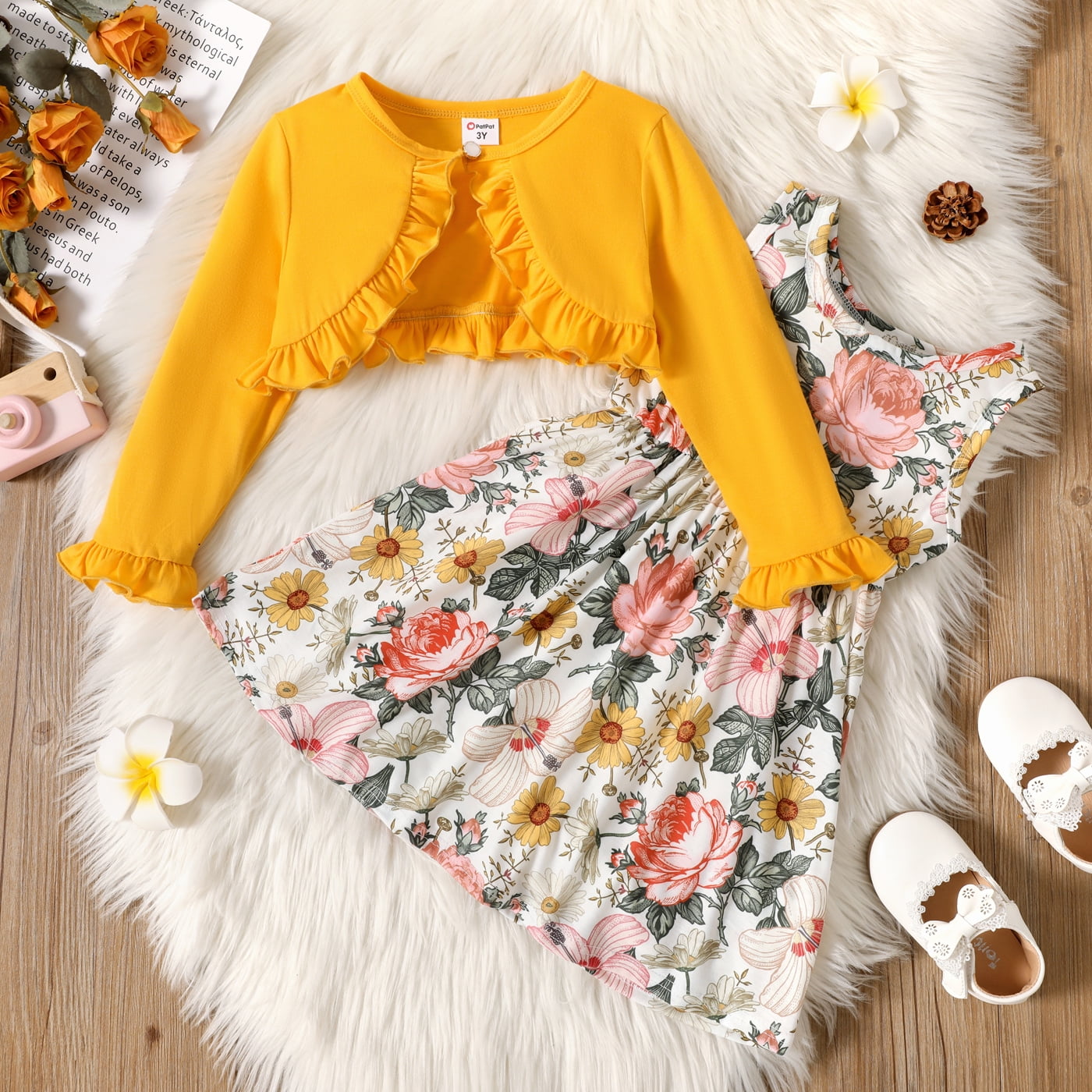 PatPat Toddler Floral Dress and Ruffled Cardigan Set for Girl,2-piece,Sizes 18M-6Y