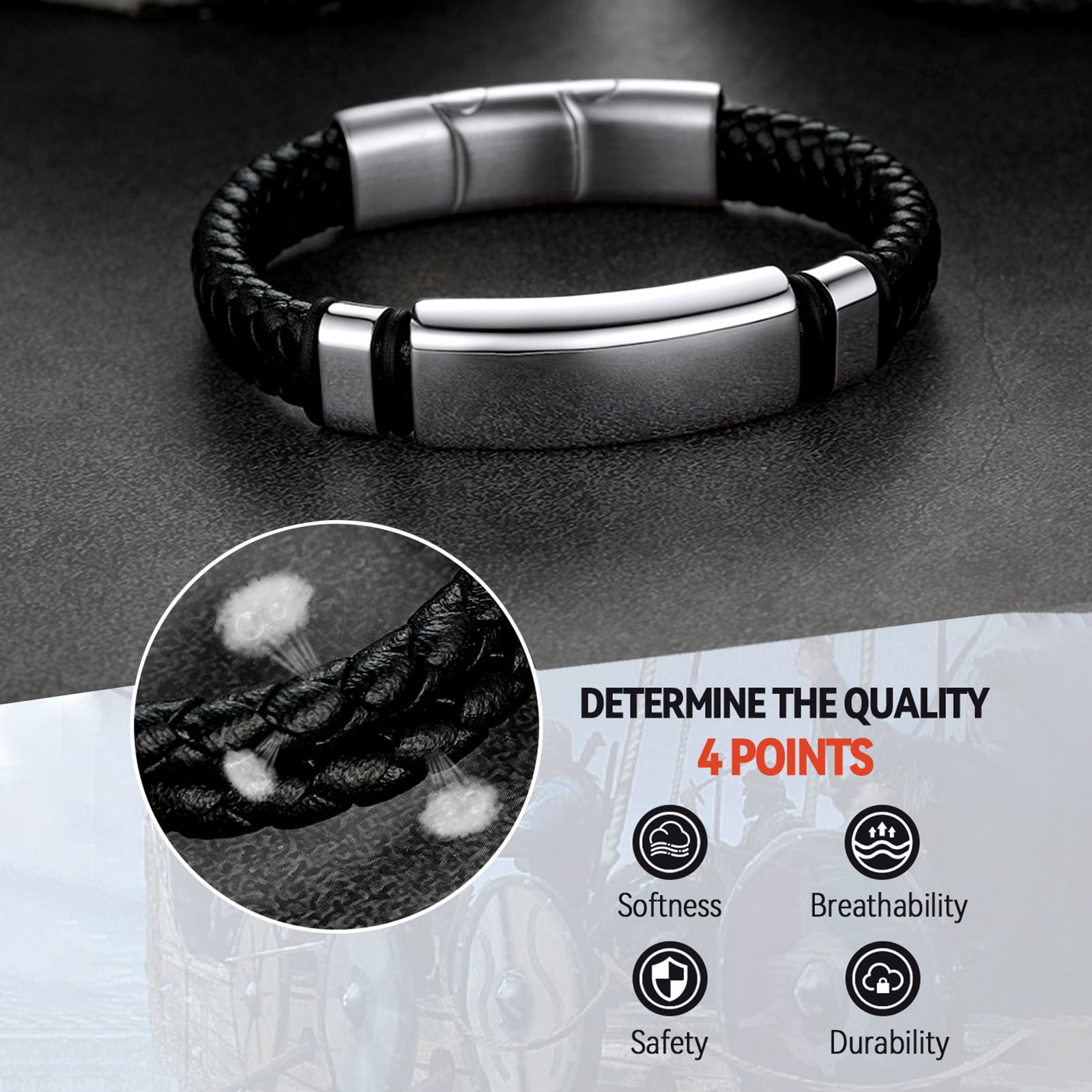 FaithHeart Braided Leather Bracelet for Men Stainless Steel Name Plate Wristband Adjustable Bangles Gothic Punk Cuff Charm Leather Band Buckle Clasp Jewelry Gift for Dad Grandpa Fathers Day