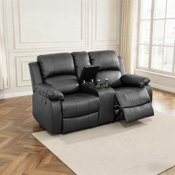Saxum Tegmen Manual Reclining Leather Loveseat, Two-Seater Couch with Center Console, Living Room Furniture Recliner Sofa for Compact Spaces,Black
