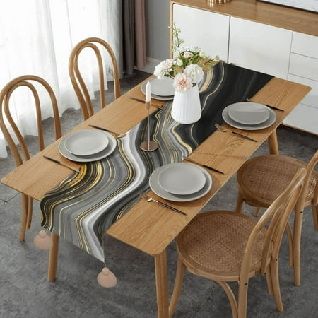 

Modern Black And Gold Agate Gemstone Table Runner Imitation Linen Table Runner With Khaki Tassels For Party And Dining Room 14 x 60