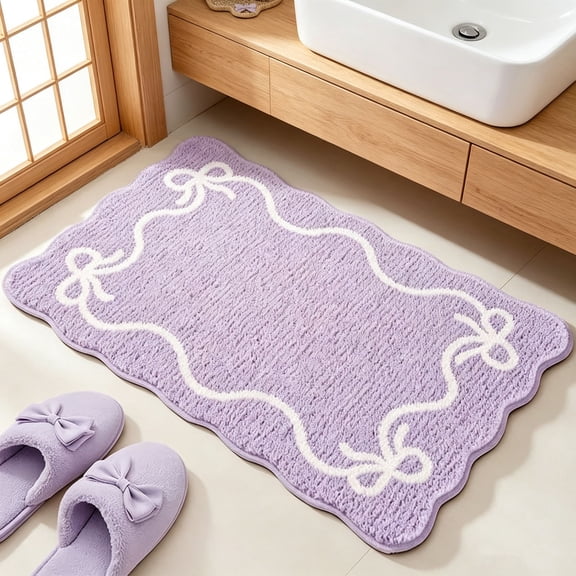 Bow Knot Pattern Soft Absorbent Bath Mat, Non-Slip Bathroom Floor Rug with Rubber Backing, Cute Bow Tie Carpet for Bedroom Living Room Home Decor Accent, Purple