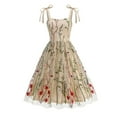 thumbnail image 3 of Jinhomg Vintage Cocktail Swing Dress for Women Elegant Floral Embroidery Midi Dress Tie Shoulder A-Line Pleated Dresses Sheer Mesh Tulle Evening Wedding Party Prom Dress Beige S, 3 of 10