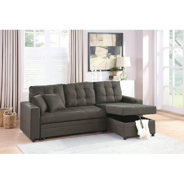 LANTRO JS Ash Black Convertible Sectional Pull Out Bed Sofa Chaise