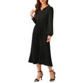 thumbnail image 4 of Elegant Pleated Swing Dress for Women's Solid Sleeveless V-Neck Long Sleeve Wear to Work Black L, 4 of 5