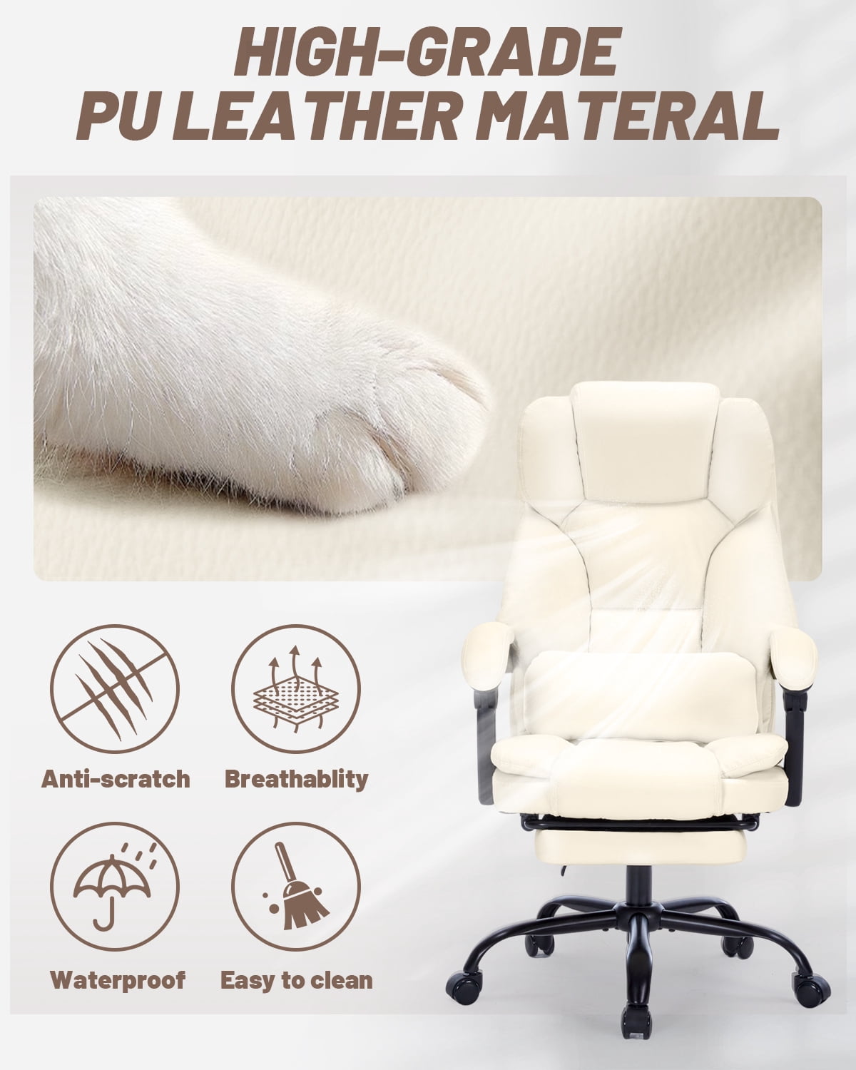 FANTAWESO PU Leather Ergonomic Executive Office Desk Chair, 600lbs Capacity, Reclining Backrest, Spring Cushion Seat, Lumbar Support & Adjustable Armrests for Home Office or Conference Room