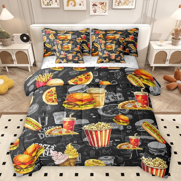 Homewish Fast Food Lover Twin Bedding Sets 7-Piece, Cartoon Popcorn Hamburger Pizza Bedding Comforter Set, Teens Kids Boys Girls Sheet Sets, Breathable Home Decor
