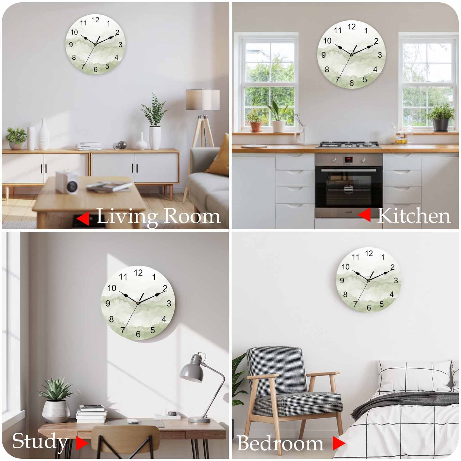 Wall Clock Sage Green Mountain Clocks PVC Silent Non-Ticking Battery Operated Decorative Ombre Abstract Natural Round Clock for Home Living Room Kitchen Bedroom Office School Wall Decor 10 Inch