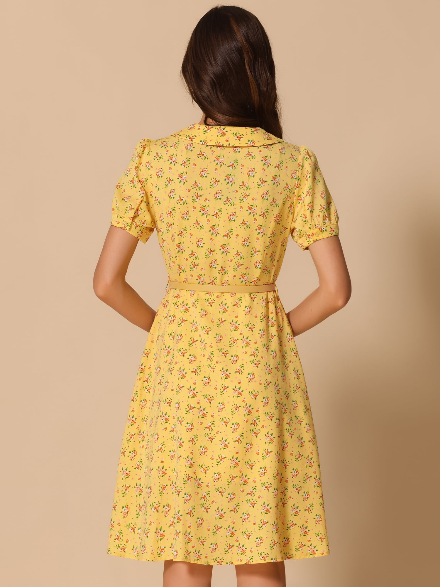 DARING DIVA Women's Tie Neck Short Sleeves A-Line Belted Floral Dress M Yellow