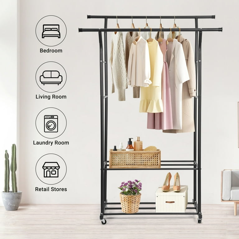 350LBS Double Rail Clothes Rack Heavy Duty Tier Shelves Garment