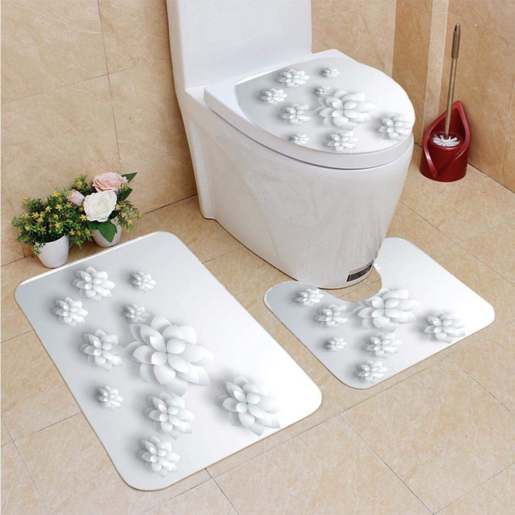 CHAPLLE Gray 3D Floral 3 Piece Bathroom Rugs Set Bath Rug Contour Mat