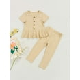 thumbnail image 2 of Kiapeise Kids Toddler Girls Basic Solid Color Rib Knitted Short Sleeve Ruffle Tunic Dress Top Leggings Pants Outfits Sets, 2 of 9