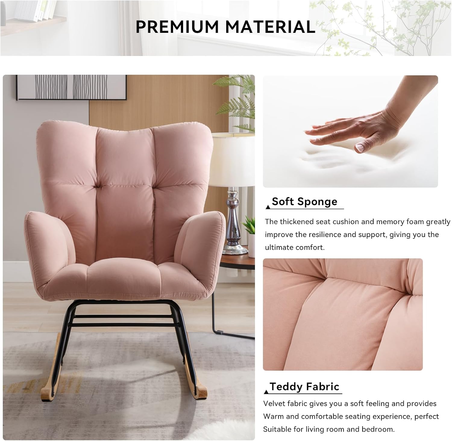 Rocking Chair Nursery Teddy Upholstered Glider Rocker High Backrest Nursery Rocker Comfortable Stylish Accent Armchair for Living Rooms Bedrooms Offices