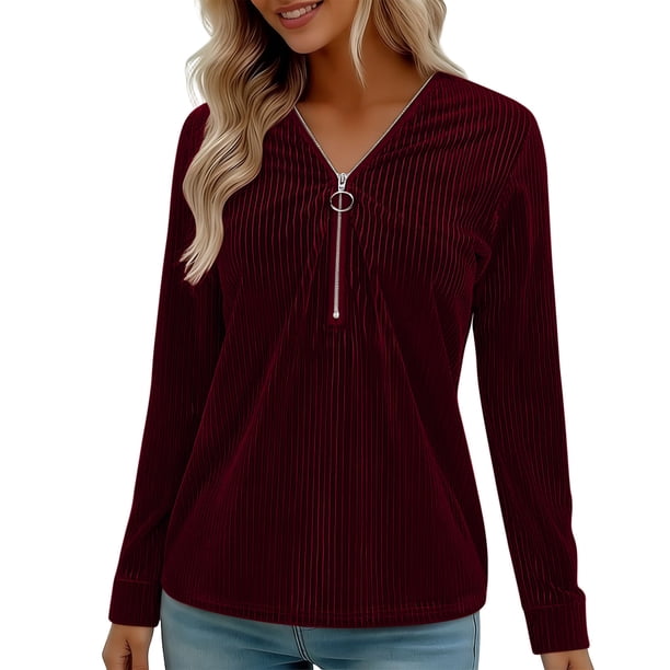 Blusas de Manga Larga para las Mujeres Cremallera de Cuello en V Delantera Color Sólido Top de Moda Casual, Tops de Color Sólido para las Mujeres