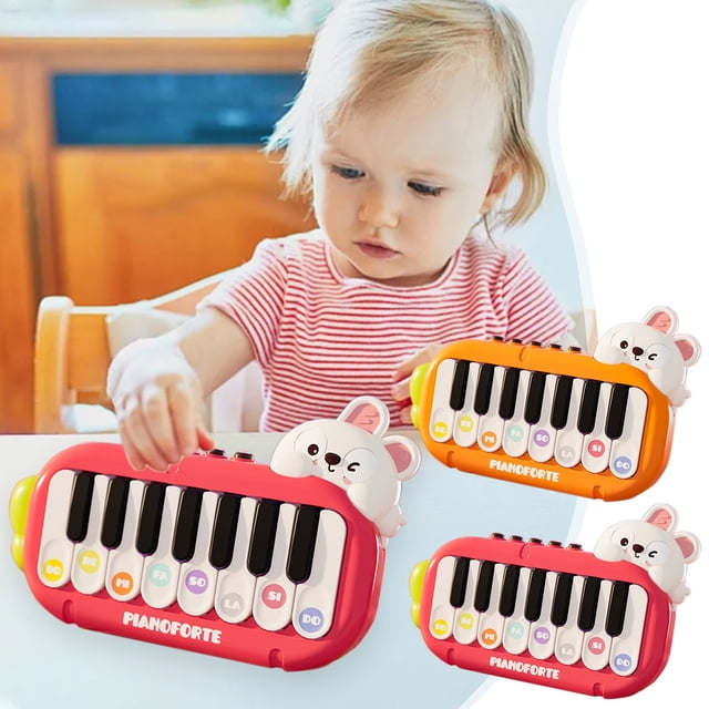 Portable Mini Piano Keyboard Toy | Multifunctional Musical Instrument with Lights & Sounds - Piano Saxophone Violin Modes - Handheld Educational Learning Piano | 16x10cm | Plastic | Red/Orange