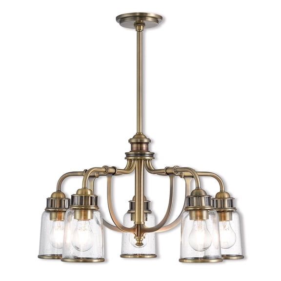5 Light Antique Brass Dinette Chandelier with Hand Blown Clear Seeded Glass Shade