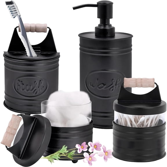 Visualz Rustic Bathroom Accessories Set Black Farmhouse Soap Dispenser, Matte Black Toothbrush Holder, 2 Apothecary Jars Qtip Holder Glass - Rustic Bathroom Decor, Farmhouse Bathroom Accessories