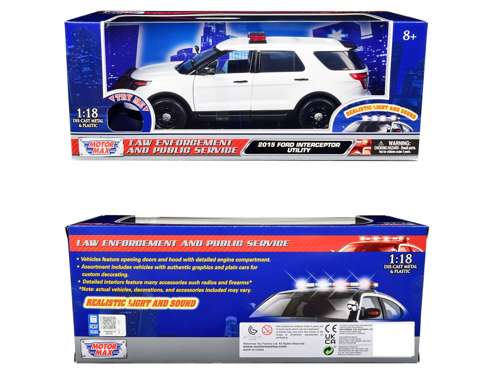 2015 Ford Police Interceptor Utility White w/Flashing Light Bar, Front,Rear Lights, 2 Sounds 1/18 Diecast Model Motormax