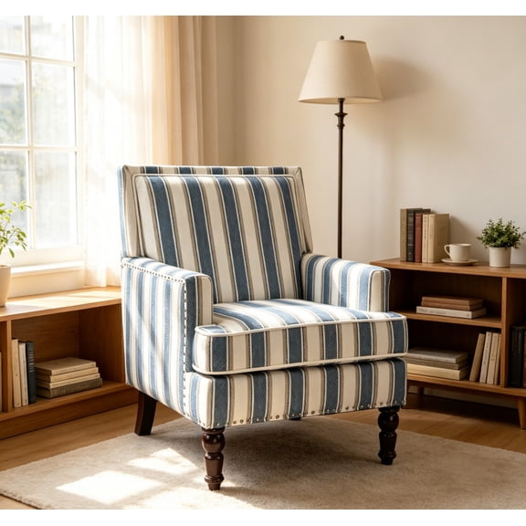 Upholstered Accent Chair with Nailhead Trim, Vintage Striped Linen Armchair, High-Density Foam Reading Chair with Solid Wood Legs for Living Room, Bedroom, Home Office, Blue & White