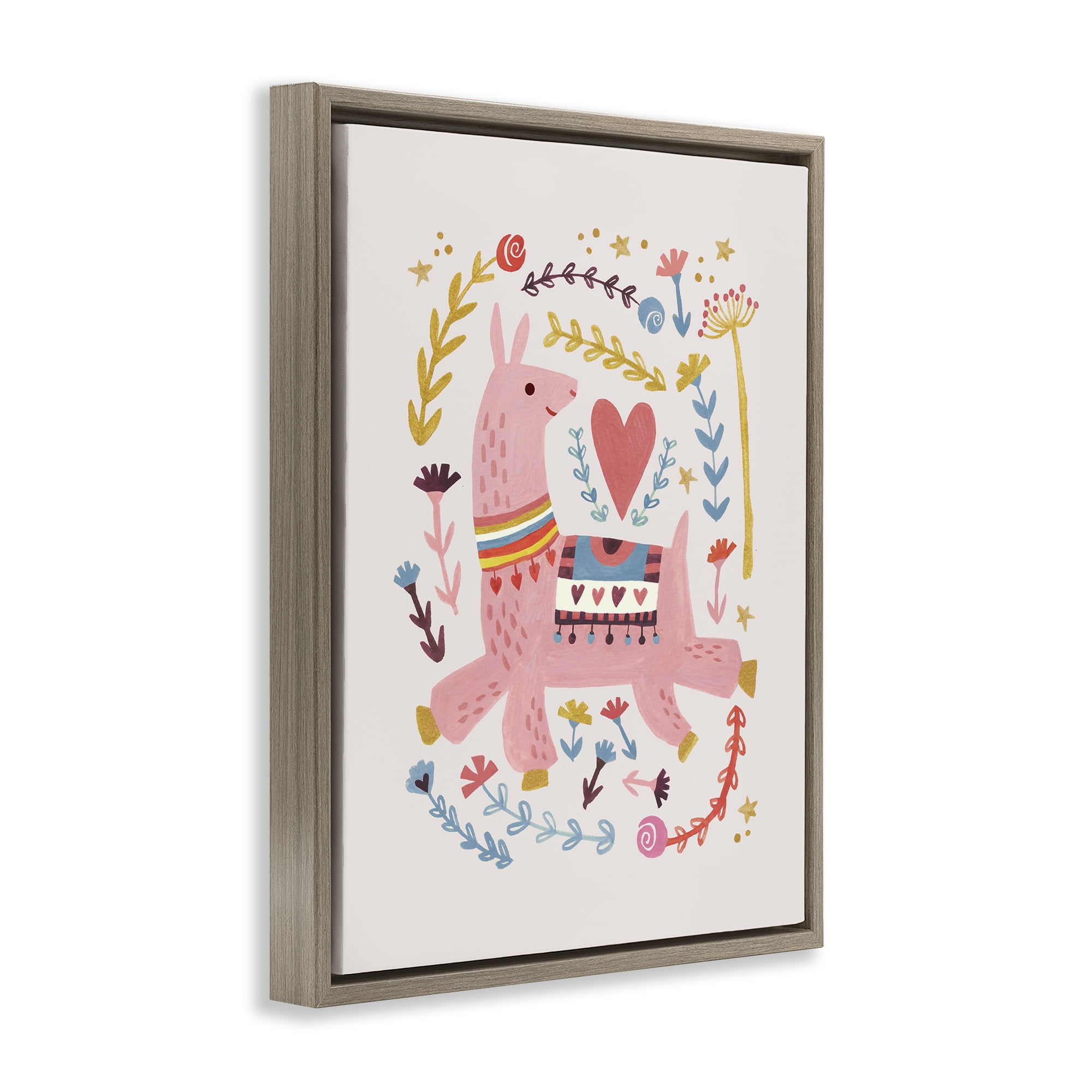 Stupell Industries Pink Llama with Florals Animals Painting Brown Floater Framed Canvas Art Print Wall Art, 25 x 31