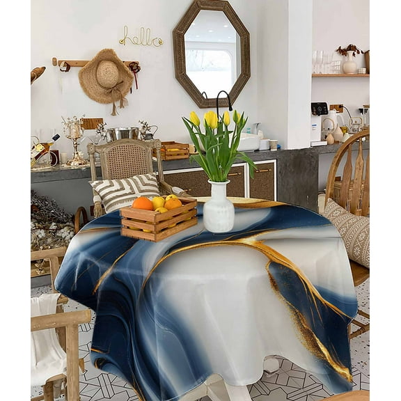 Navy Blue Marble Tablecloth Square Table Cloth 60x60 , Waterproof Tablecloth Outdoor Table Cloth, Gold Modern Art Washable Table Cover for Kitchen Dining Party