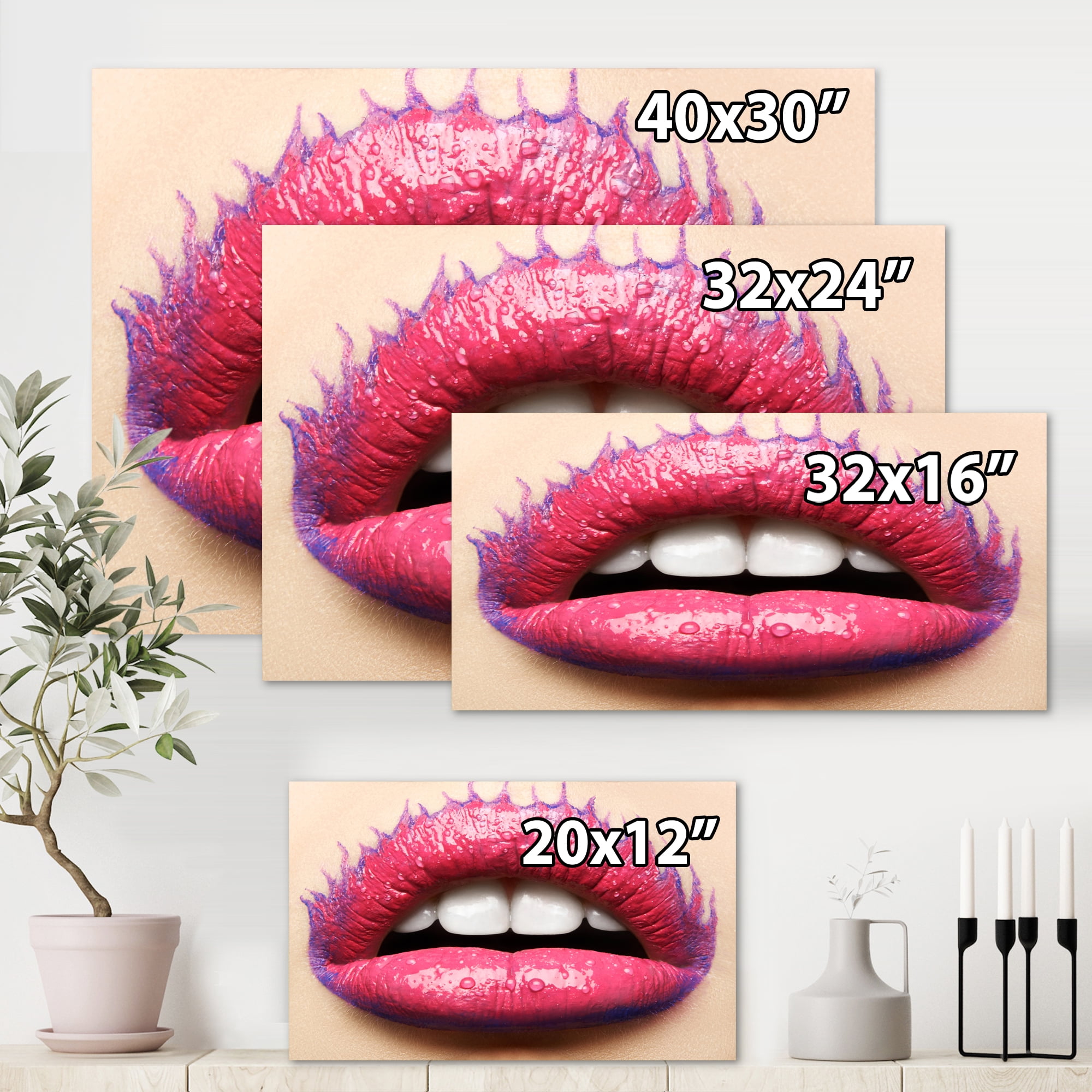 Designart ' Beautiful Woman Lips With Pink Lipstick ' Modern Canvas Wall Art Print