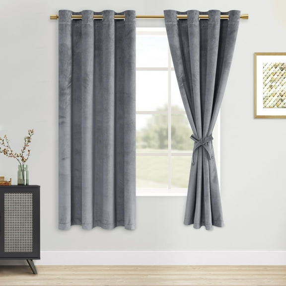 XWZO Velvet Curtains for Living Room - Luxury Soft Room Darkening Heat Blocking Grommet Window Curtain Panels for Bedroom/Office/Patio Door with Tiebacks, W52 x L63, Grey, Set of 2
