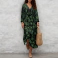 thumbnail image 2 of SCRAWLGOD Flower Print Green Black Linen Texture Dress for Women, 3/4 Sleeve Polyester Tunic Dress, V Neck Plus Size Summer Dresses, Loose Fit Soft Flowy Sundresses, 4XL, 2 of 6