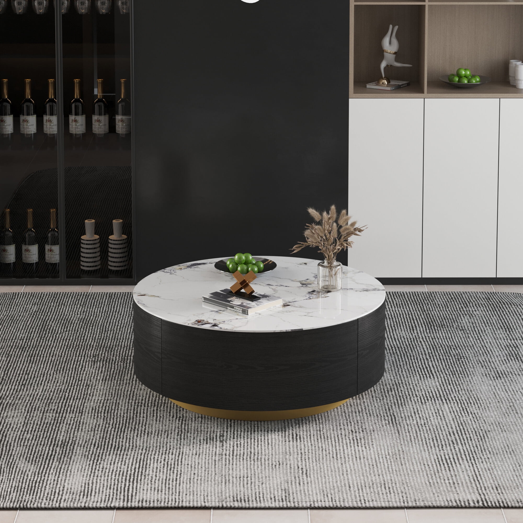 Magic Home Modern Round Coffee Table with Two Drawers,Circle Coffee Table Space-Saving Multiple Purpose for Living Room,dining room and home office,Black White 2 Colors
