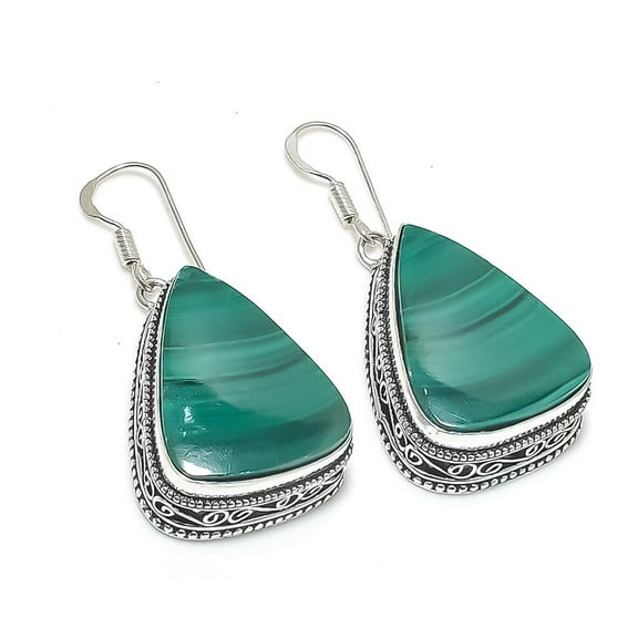 Natural Malachite Gemstone 925 Sterling Silver Jewelry Earring 1.89"
