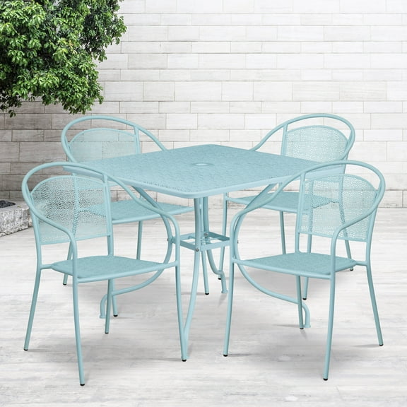 Emma Oliver Commercial Grade 35.5" Square Sky Blue Patio Table Set-4 Round Back Chairs