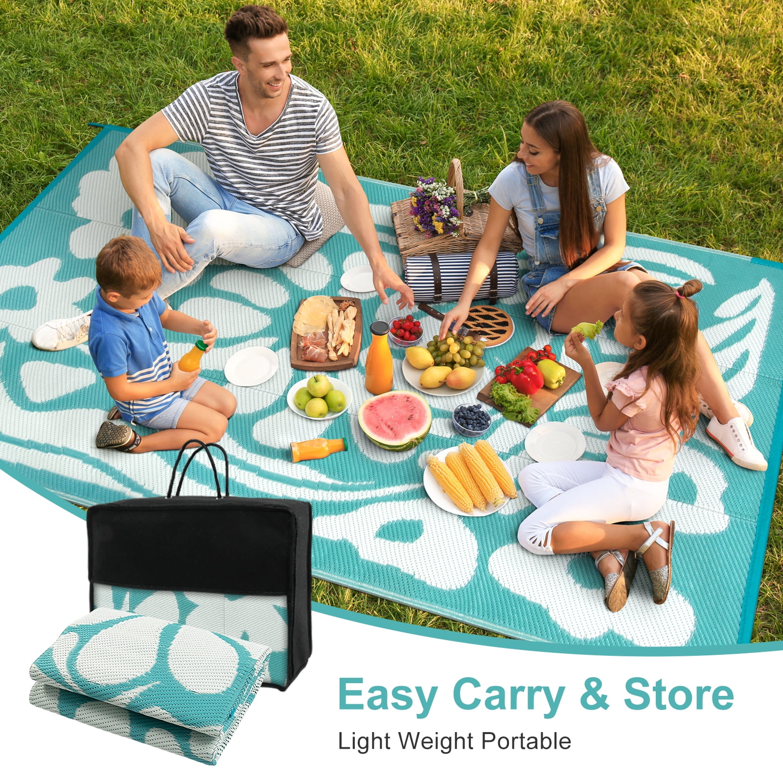 Wonnitar 6x9 Outdoor Rug Waterproof, Plastic Straw RV Rugs for Outside, Large Portable RV Outdoor Carpet，Blue Floral Rug for Picnic Garden Patio
