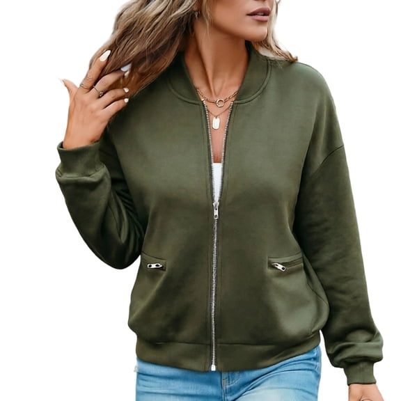 XPMWRP Women's Stand Collar Zip Up Bomber Jacket, Loose Fit Casual Fleece Outerwear with Zipper Side Pockets Army Green XXXL