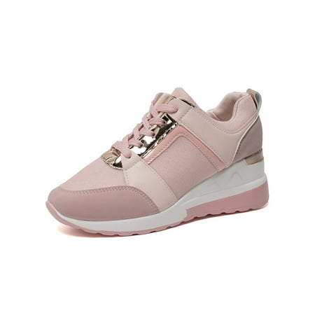 

Kesitin Ladies Walking Shoe Platform Trainers Lace Up Wedge Sneakers Non Slip Comfortable Casual Sneaker Outdoor High Heeled Pink 9