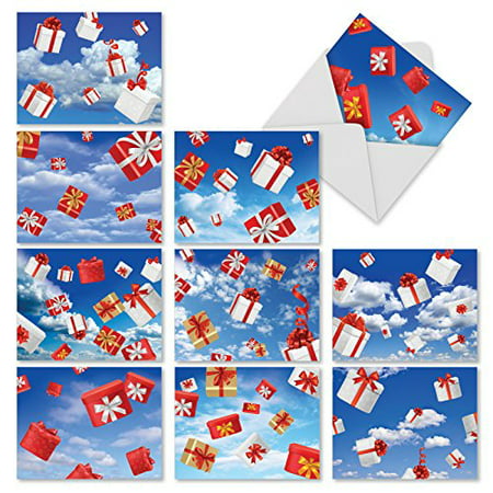 'M10027BK FLYING GIFTS' 10 Assorted All Occasions Note Cards Feature Wrapped Gifts Up in the Air with Envelopes by The Best Card