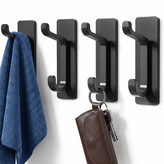 13LB Heavy Duty Adhesive Wall Hooks, 4 Pack Black Double Hook Stick On Hangers, No Drill Peel and Stick for Coat Towel Door Kitchen Bathroom