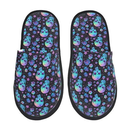Balery Skull Flower Blue Slient Indoor Furry Fleece Comfort House Shoes Soft Non-Slip Home Shoes Cotton slippers House Slippers-- Medium