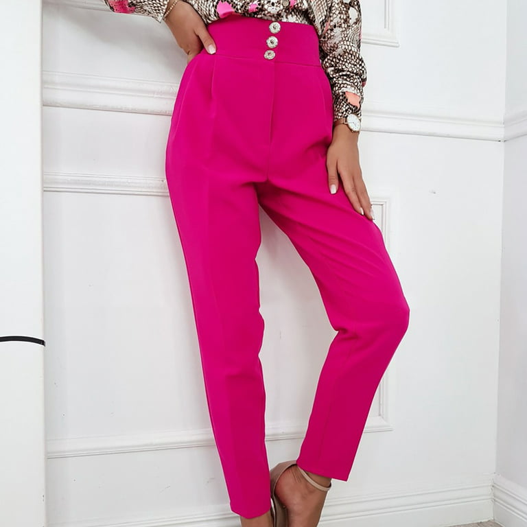 XFLWAM Dress Pants for Women Comfort Stretchy Slacks Work Pants Straight  Leg/Pull On with Pockets for Business Casual Hot Pink L