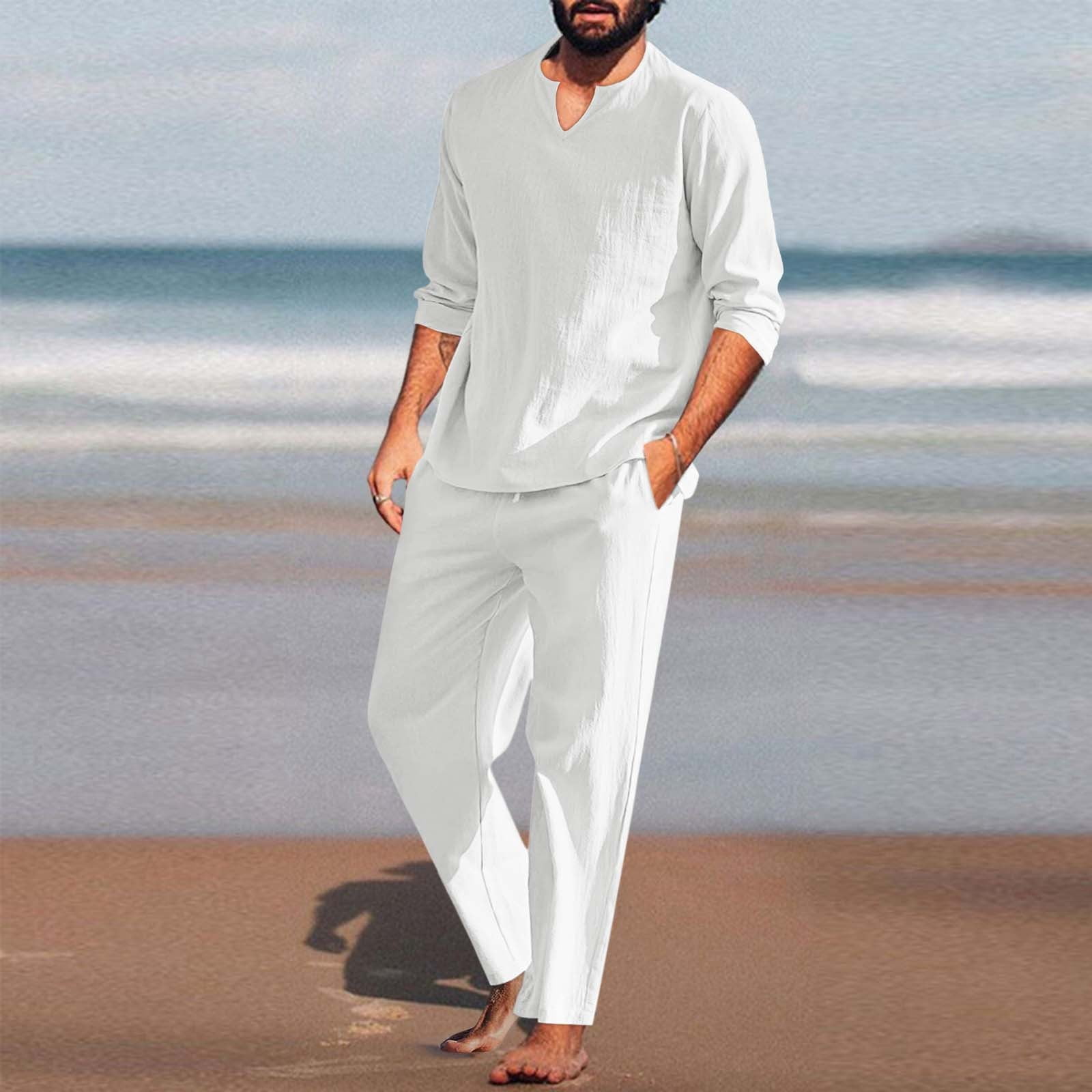 White Suit Men Pieces Cotton Linen Set Henley Shirt Long Sleeve And ...