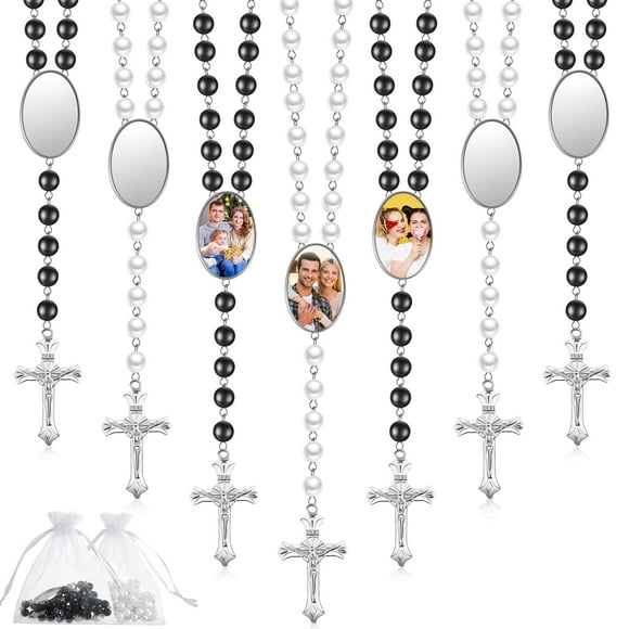 Sublimation Blanks Rosary Beads Necklace Set Catholic Rosary Printable Insert Rosary Necklace Prayer Beads Rosary with Sheer Organza Bags for Baptism Women Men Jewelry Gifts D
