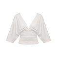 thumbnail image 3 of ClodeEU Women's Deep V Neck Batwing Short Sleeve Ruched Waist Crop Knit Top,Casual Fitted Wrap Front Blouse White,Women's Plus XL, 3 of 4