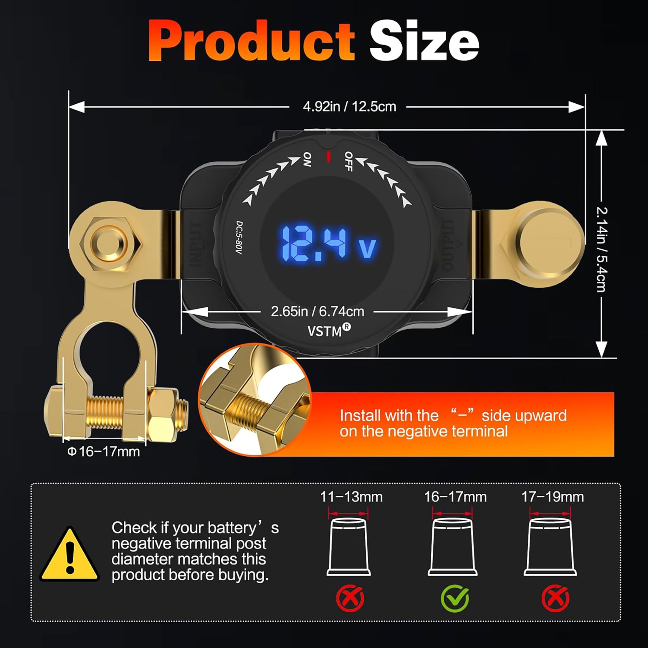 Top Post Battery Disconnect Switch with Voltmeter, 5V-80V Car Battery Disconnect Switch, Negative On/Off Master Isolator Power Cut Shut Off for Car, RV, Boat, Truck, ATV