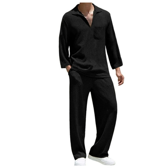 JIKNTTR Men 2 Piece Linen Outfit Men's Casual Shirt Long Sleeve Long Pants Men's Commute Solid Color Colour Two Piece Suit Vacation Beach Outfits