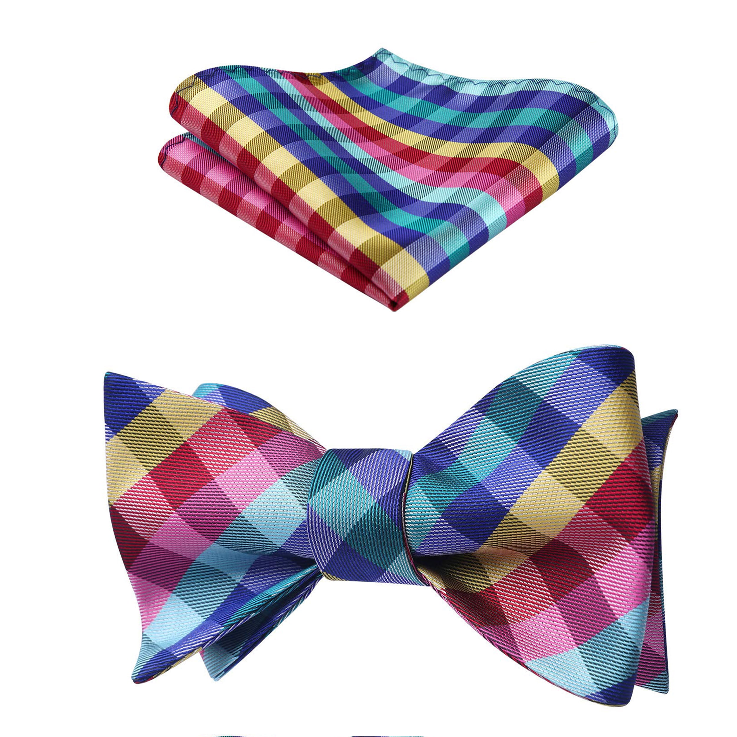 Men's Pre-Tied Bow Tie & Pocket Square Set - Plaid Check Wedding Formal Accessory 3 thumbnail image