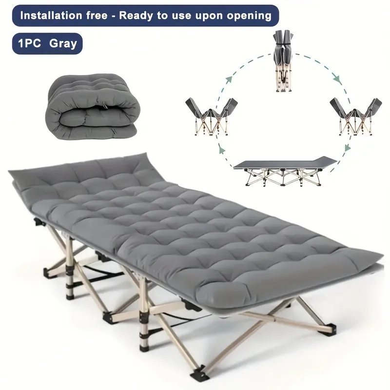 75-inch heavy-duty folding bed, 10-leg design for stable support, portable camping bed with side pockets and mattress, camping equipment