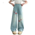 thumbnail image 2 of Fozruso Girls Loose Sweatpants Girls Pants For Daily Wear Heart Embroidered Wide Leg Straight Denim Trousers For Ages 8 14 Comfortable Elastic Waist For Spring And Summer Sizes 11-12 Years, 2 of 6
